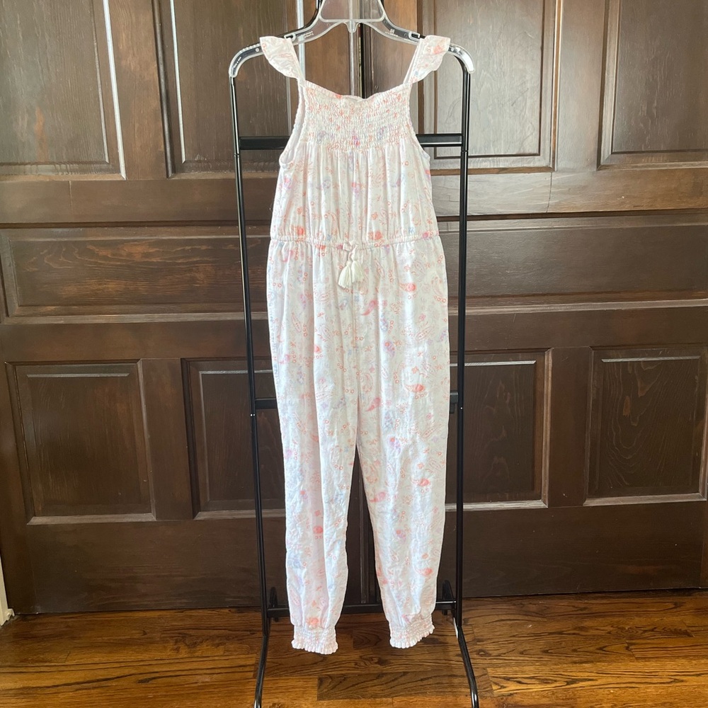 Tu Smocked Jumpsuit White Floral Cotton Summer Girl's Size 12 152cm